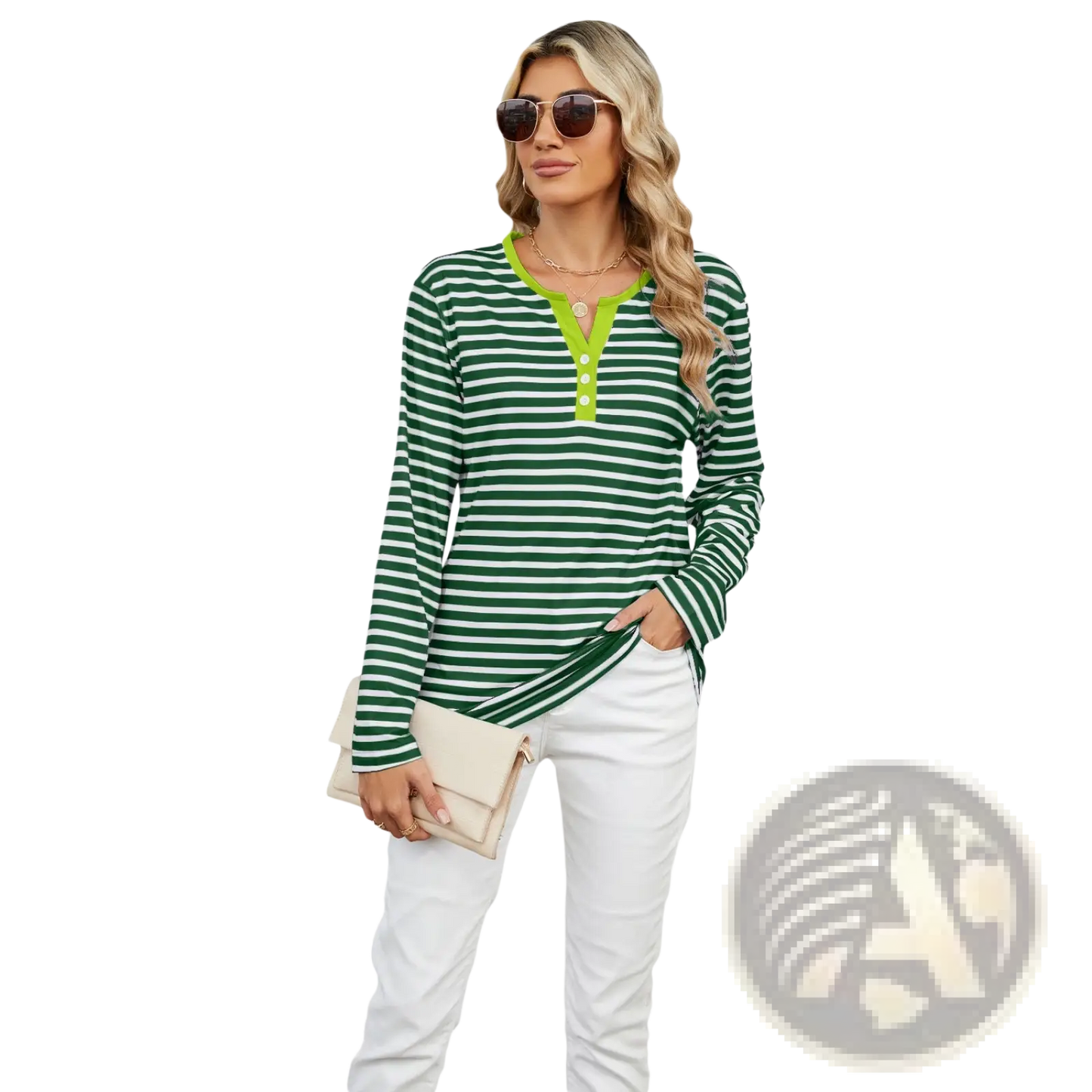 Striped Contrast Henley Long Sleeve v Neck t Shirt