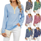 Striped Contrast Henley Long Sleeve v Neck t Shirt