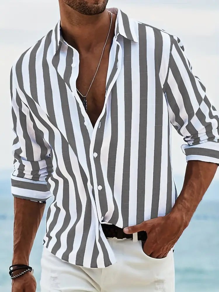 Men's Loose Fit Vertical Striped Long Sleeve Casual Shirt