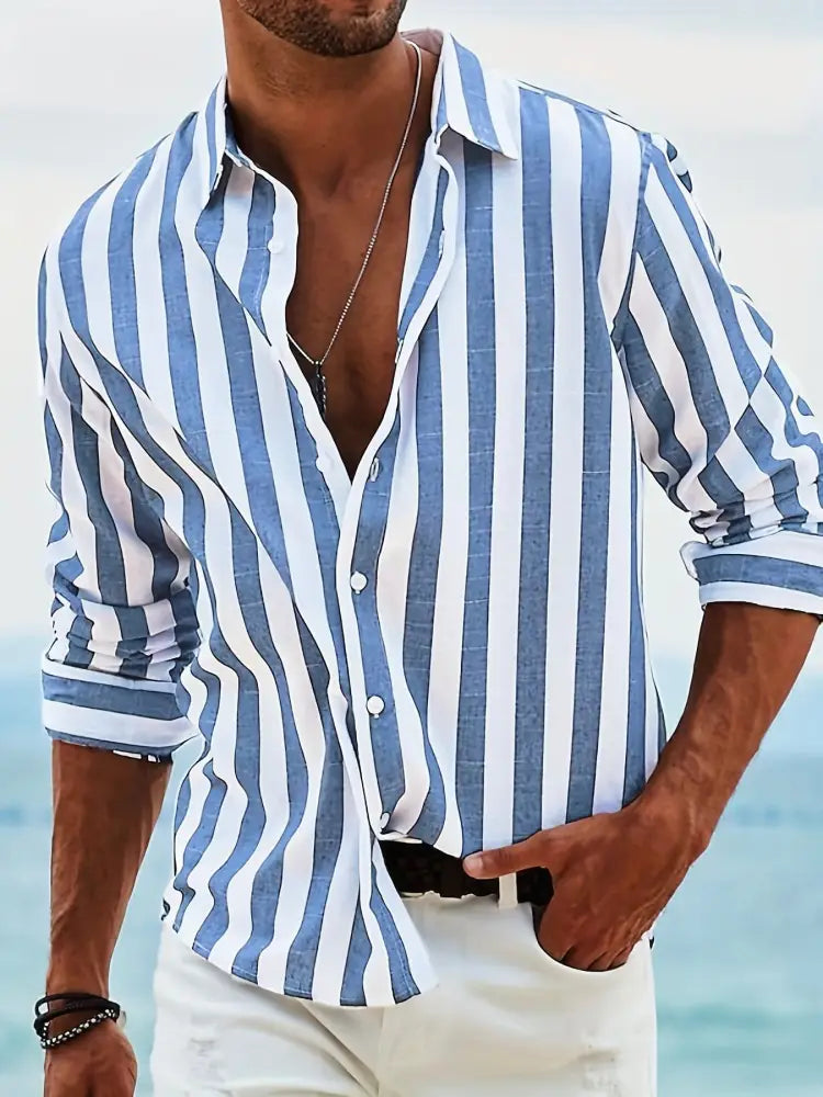 Men's Loose Fit Vertical Striped Long Sleeve Casual Shirt