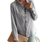 Striped Ruffle Stand Collar Textured Blouse