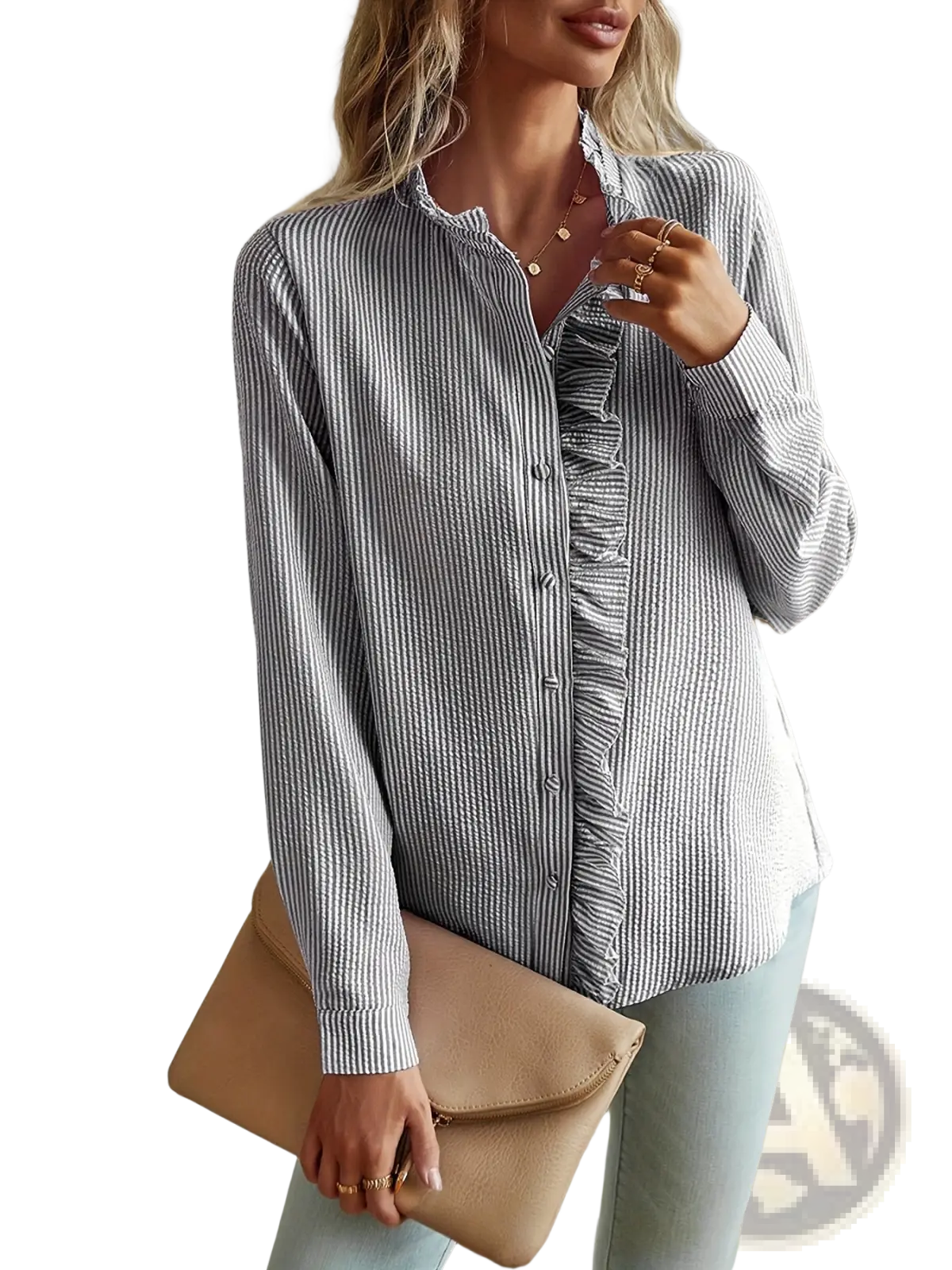 Striped Ruffle Stand Collar Textured Blouse