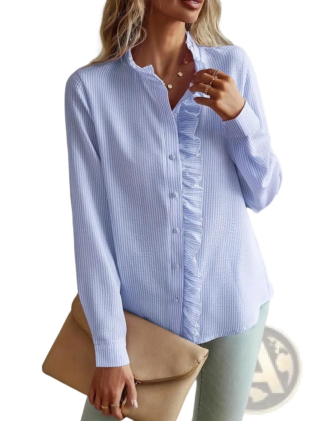Striped Ruffle Stand Collar Textured Blouse