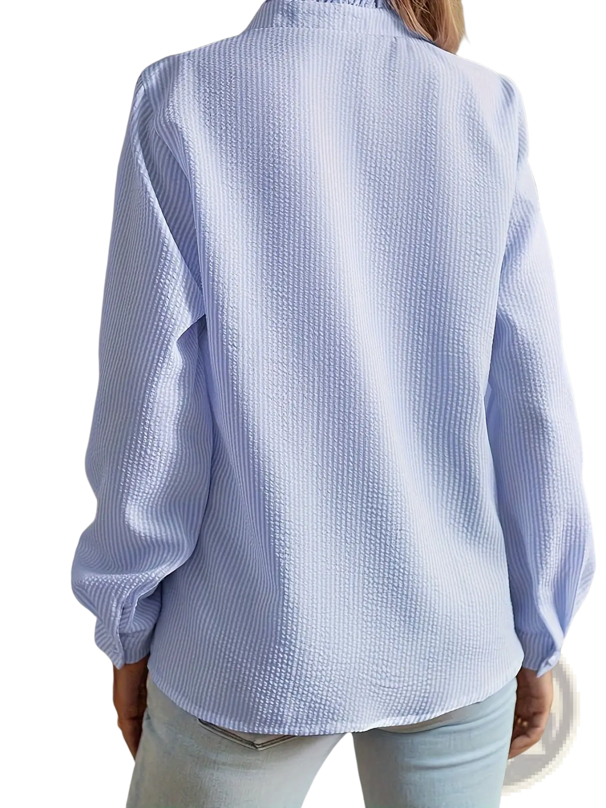 Striped Ruffle Stand Collar Textured Blouse