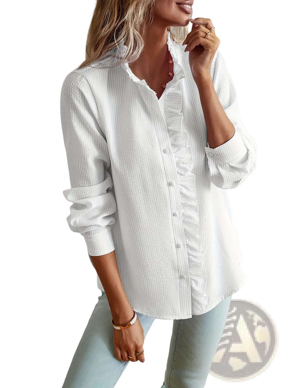 Striped Ruffle Stand Collar Textured Blouse