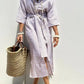 Striped Linen Belted Lapel Shirt Dress