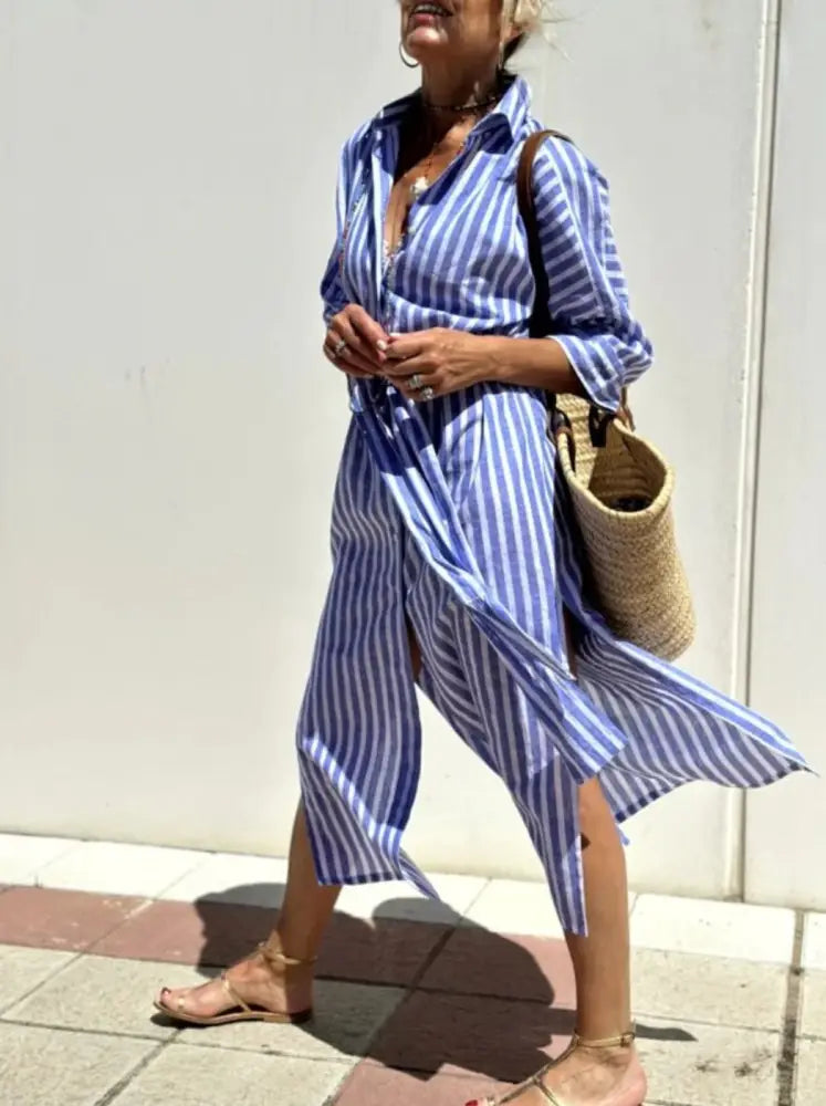 Striped Linen Belted Lapel Shirt Dress