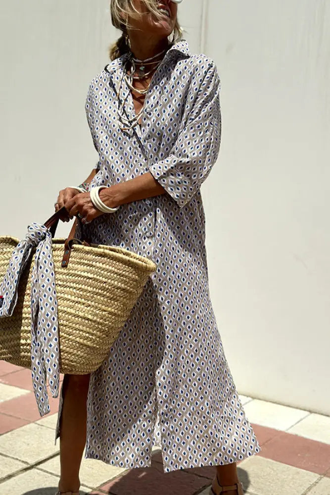 Striped Linen Belted Lapel Shirt Dress