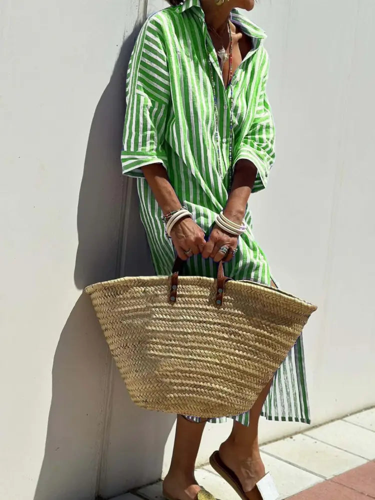 Striped Linen Belted Lapel Shirt Dress
