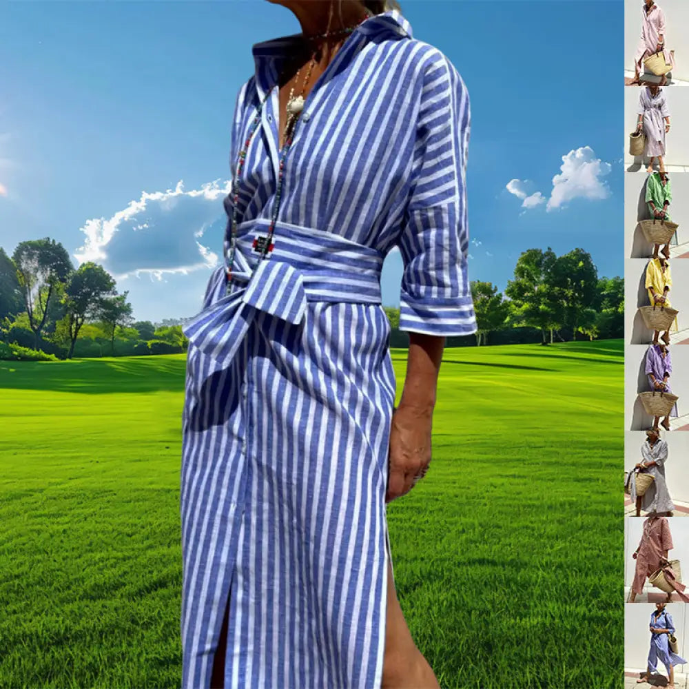 Striped Linen Belted Lapel Shirt Dress