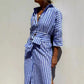 Striped Linen Belted Lapel Shirt Dress