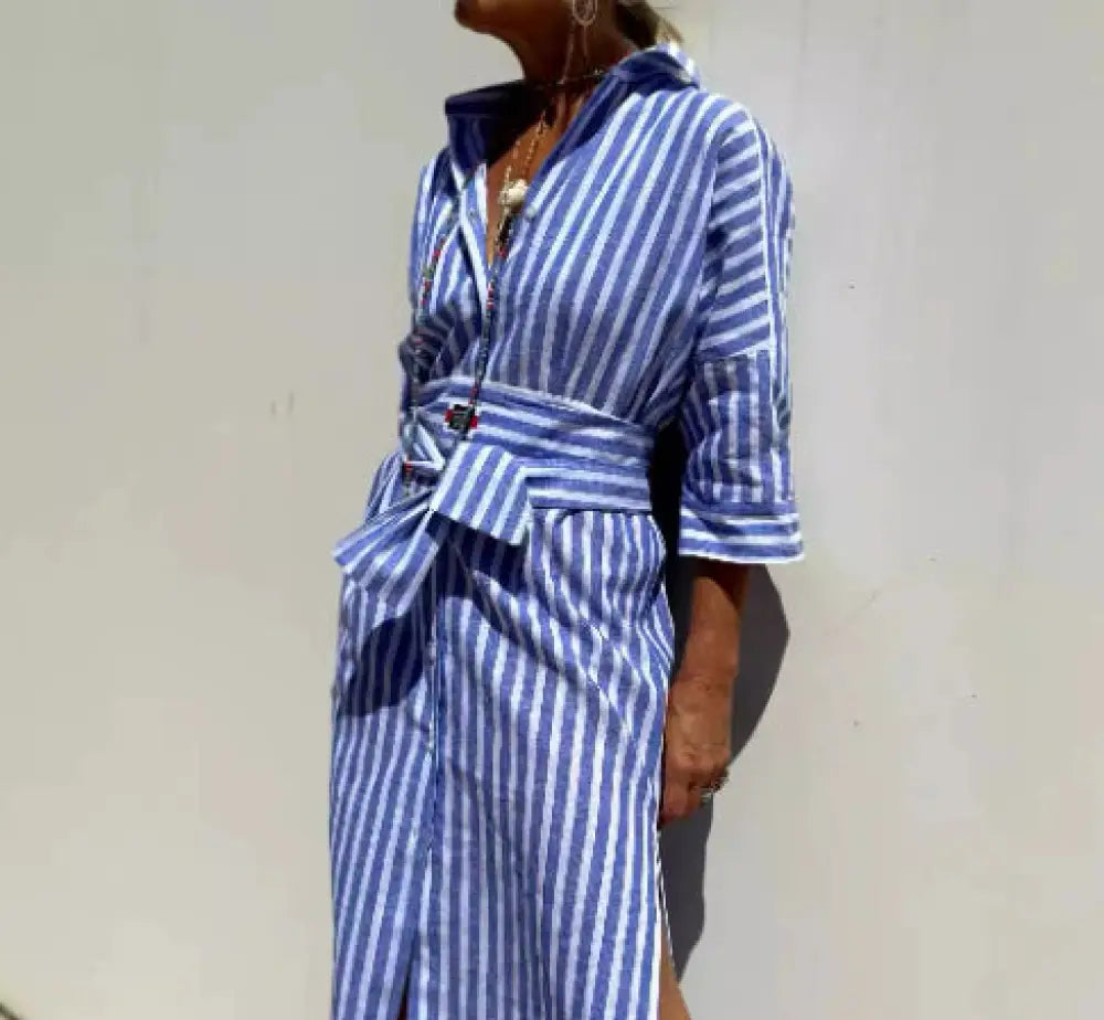 Striped Linen Belted Lapel Shirt Dress