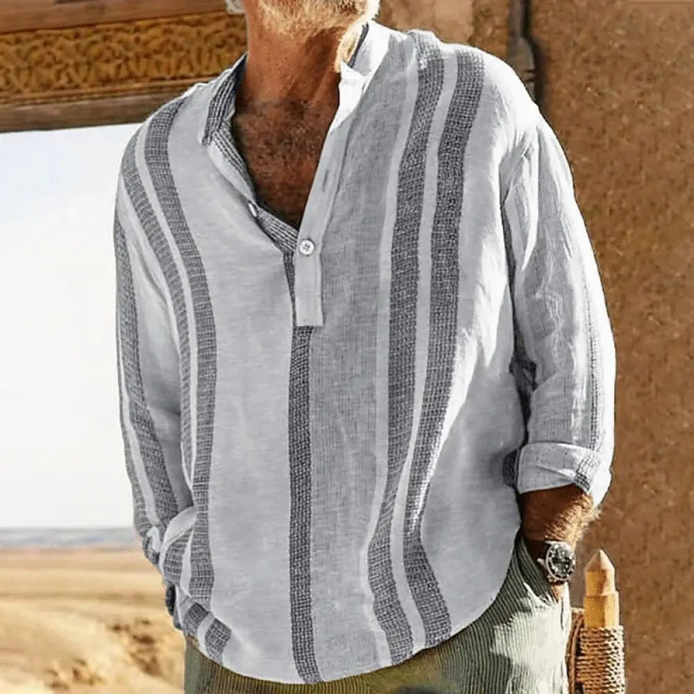 Men's Striped Slub Linen Stand Collar Casual Shirt