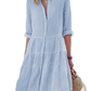 Striped Tiered Ruffle Shirt Dress with Lapel Collar