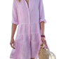 Striped Tiered Ruffle Shirt Dress with Lapel Collar