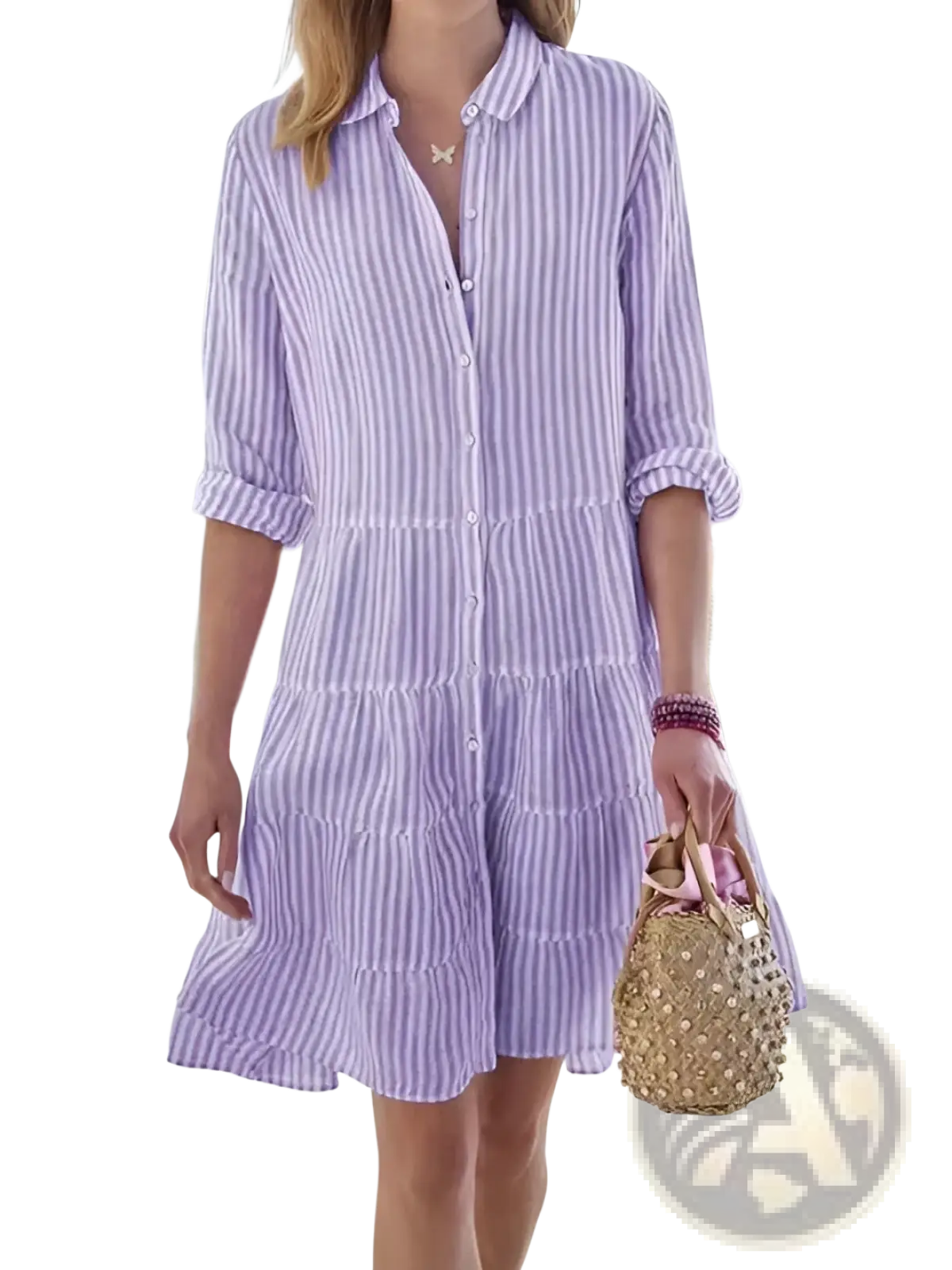 Striped Tiered Ruffle Shirt Dress with Lapel Collar