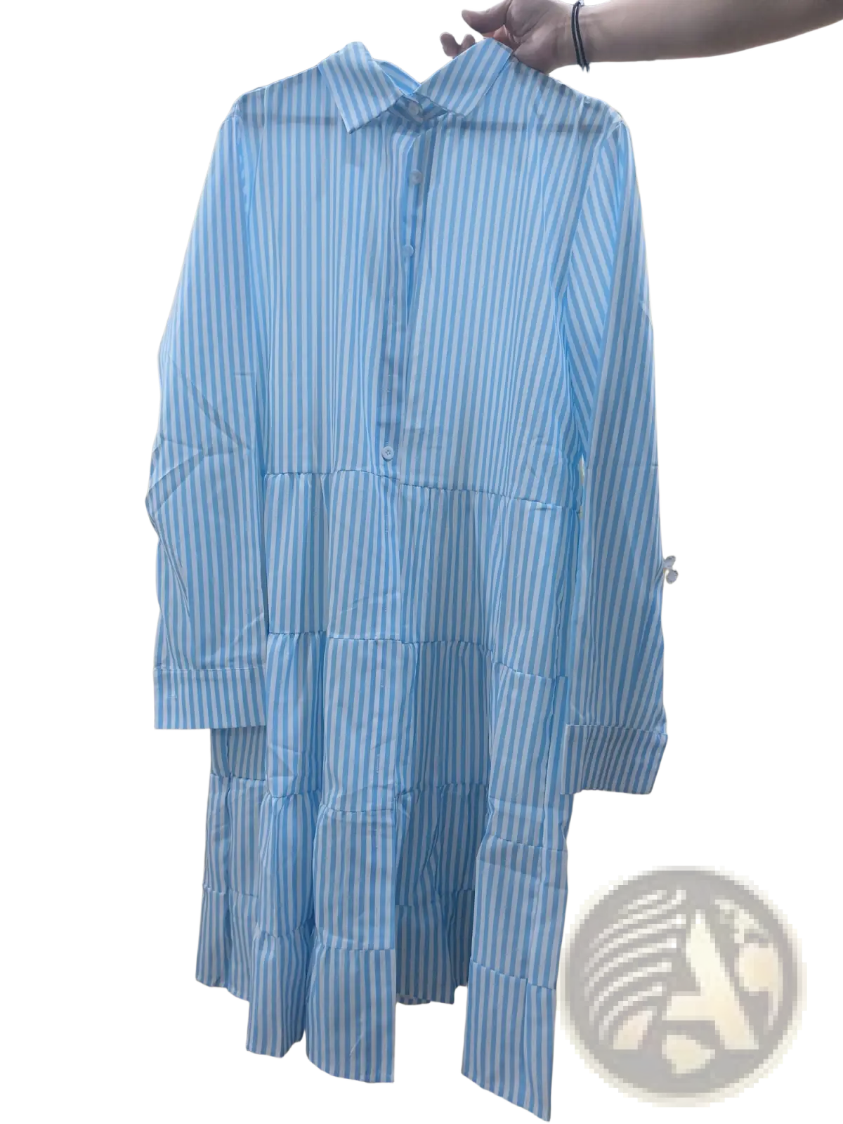 Striped Tiered Ruffle Shirt Dress with Lapel Collar