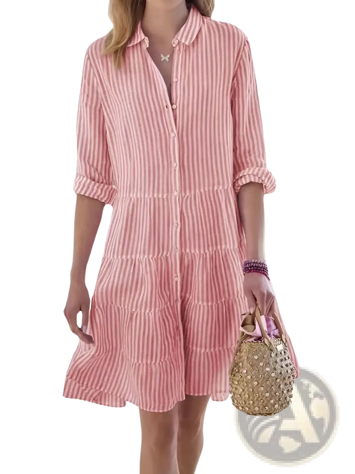 Striped Tiered Ruffle Shirt Dress with Lapel Collar