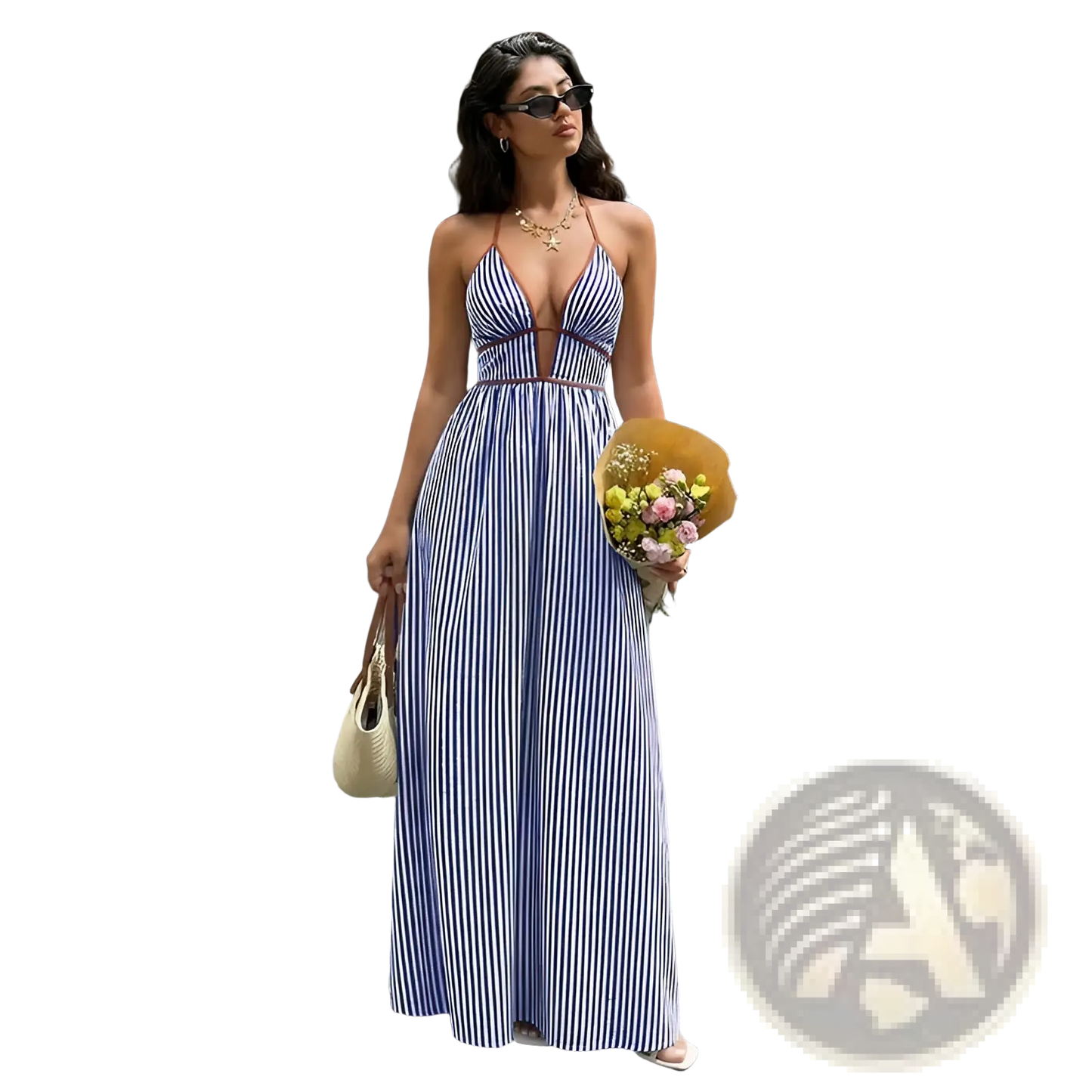 Striped v Neck Tie Back Summer Maxi Dress