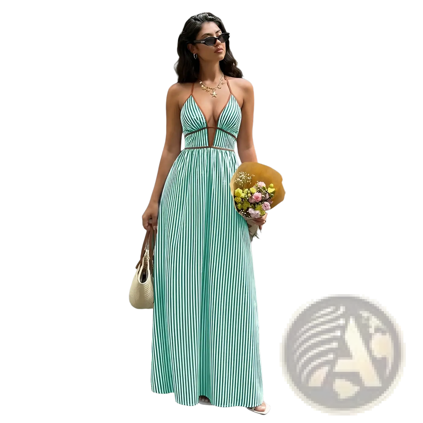 Striped v Neck Tie Back Summer Maxi Dress