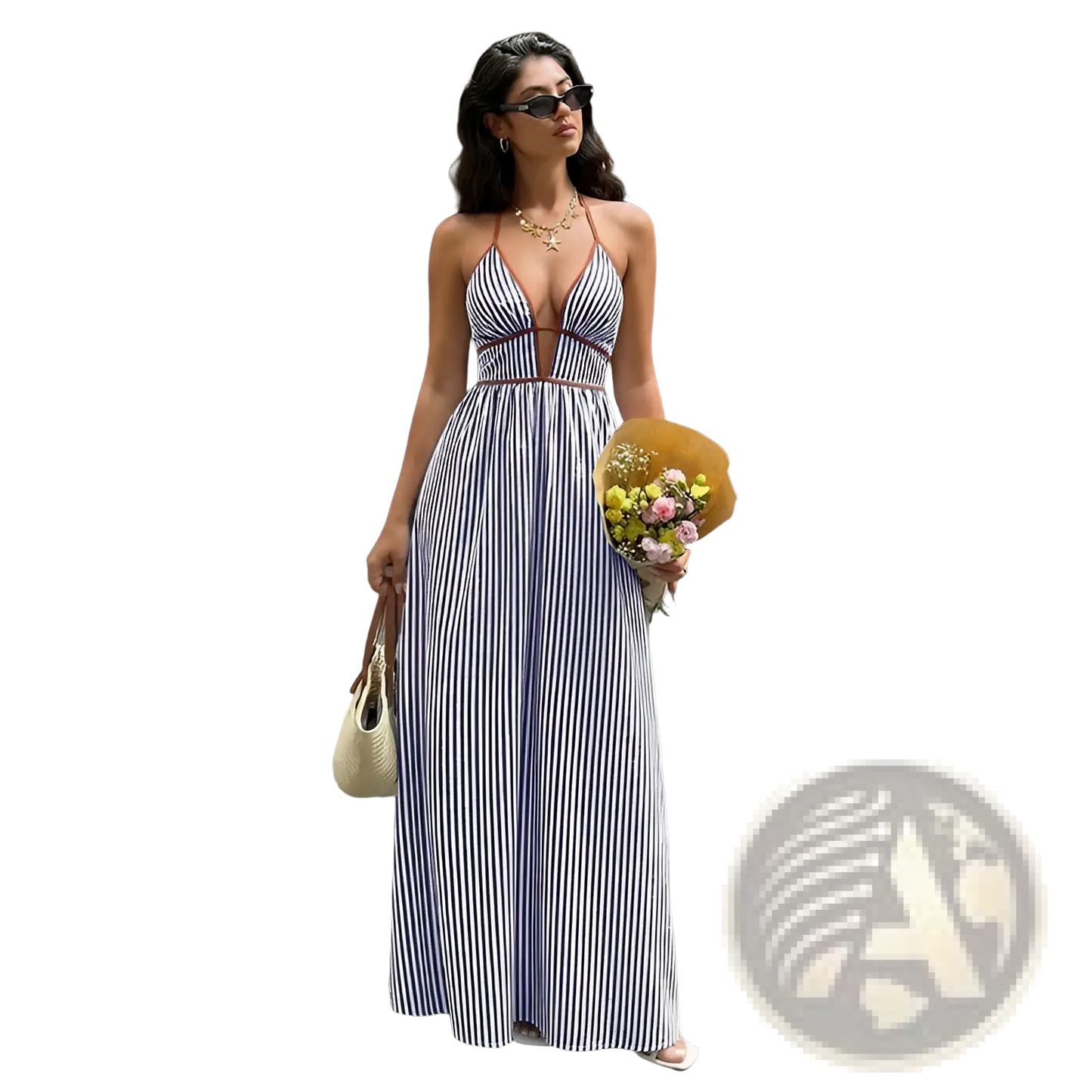 Striped v Neck Tie Back Summer Maxi Dress
