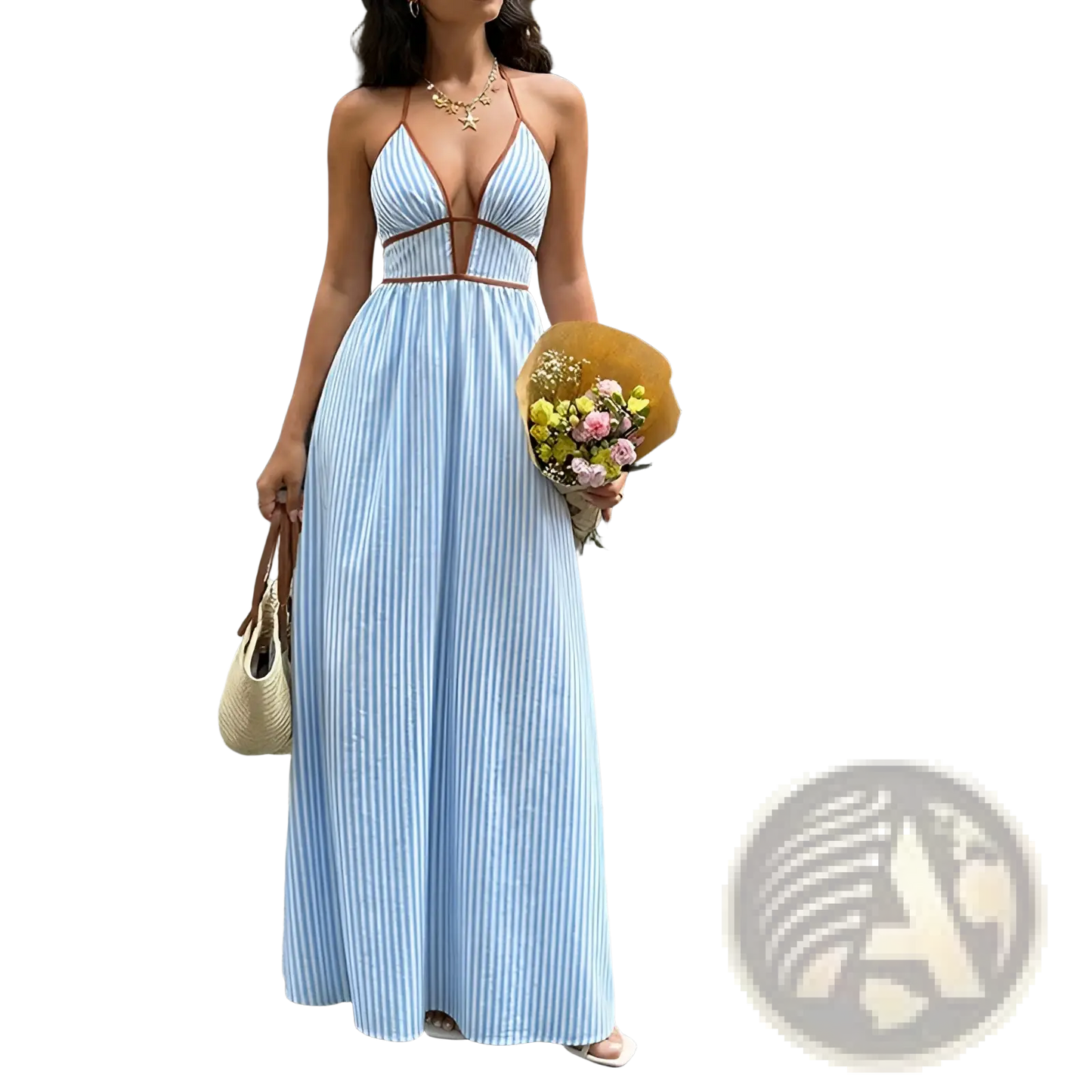 Striped v Neck Tie Back Summer Maxi Dress