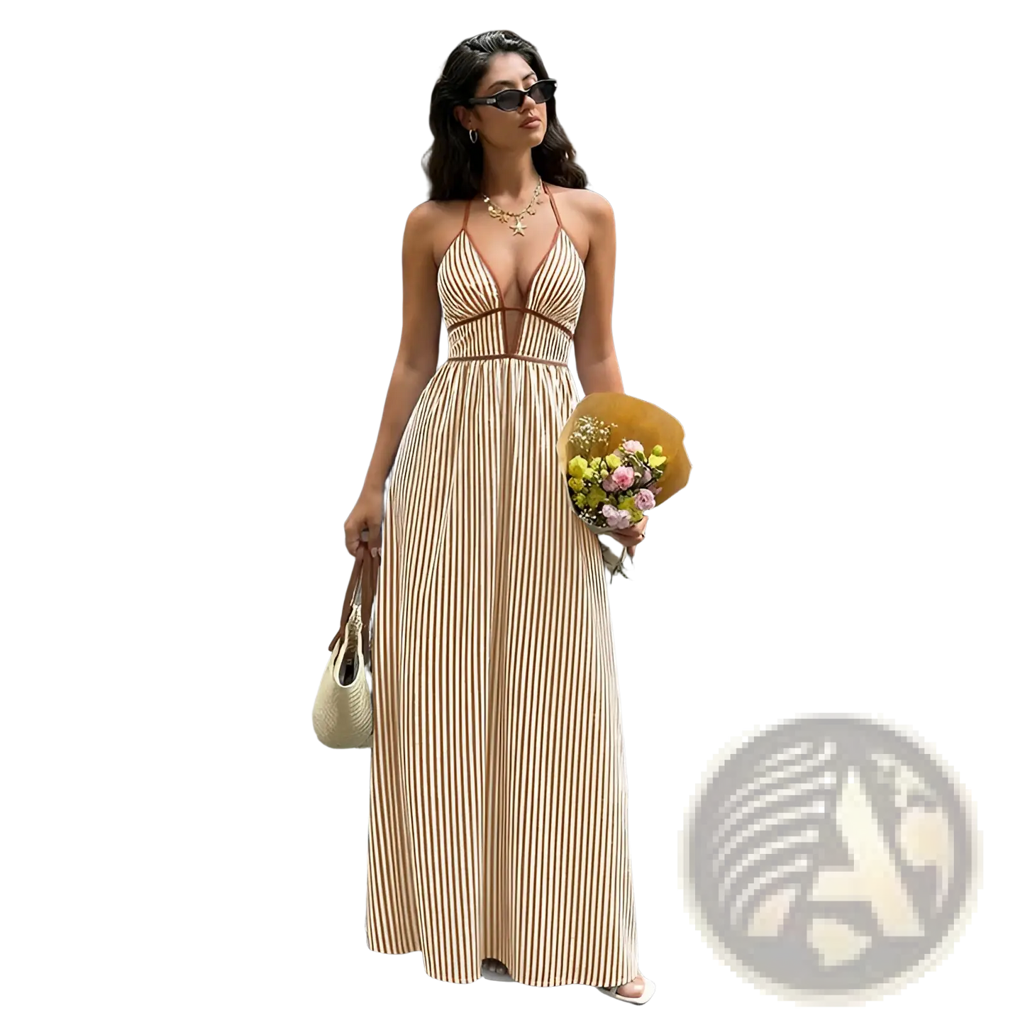Striped v Neck Tie Back Summer Maxi Dress