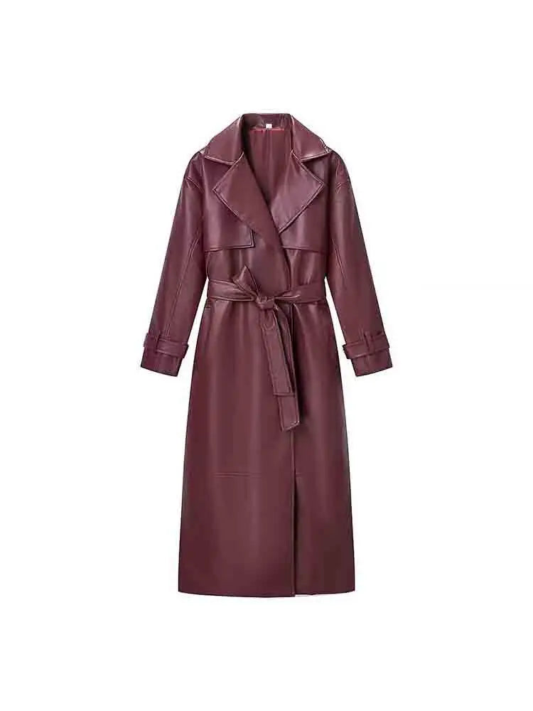 Burgundy Belted Faux Leather Trench Jacket