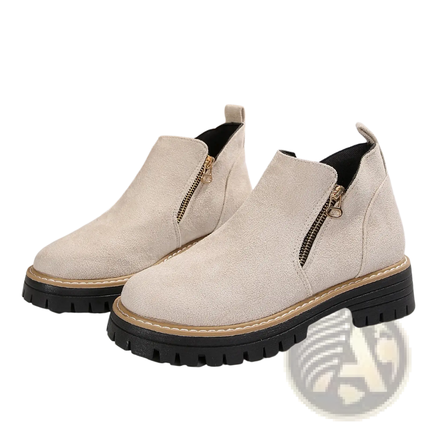 Suede Ankle Boots with Side Zipper and Chunky Sole