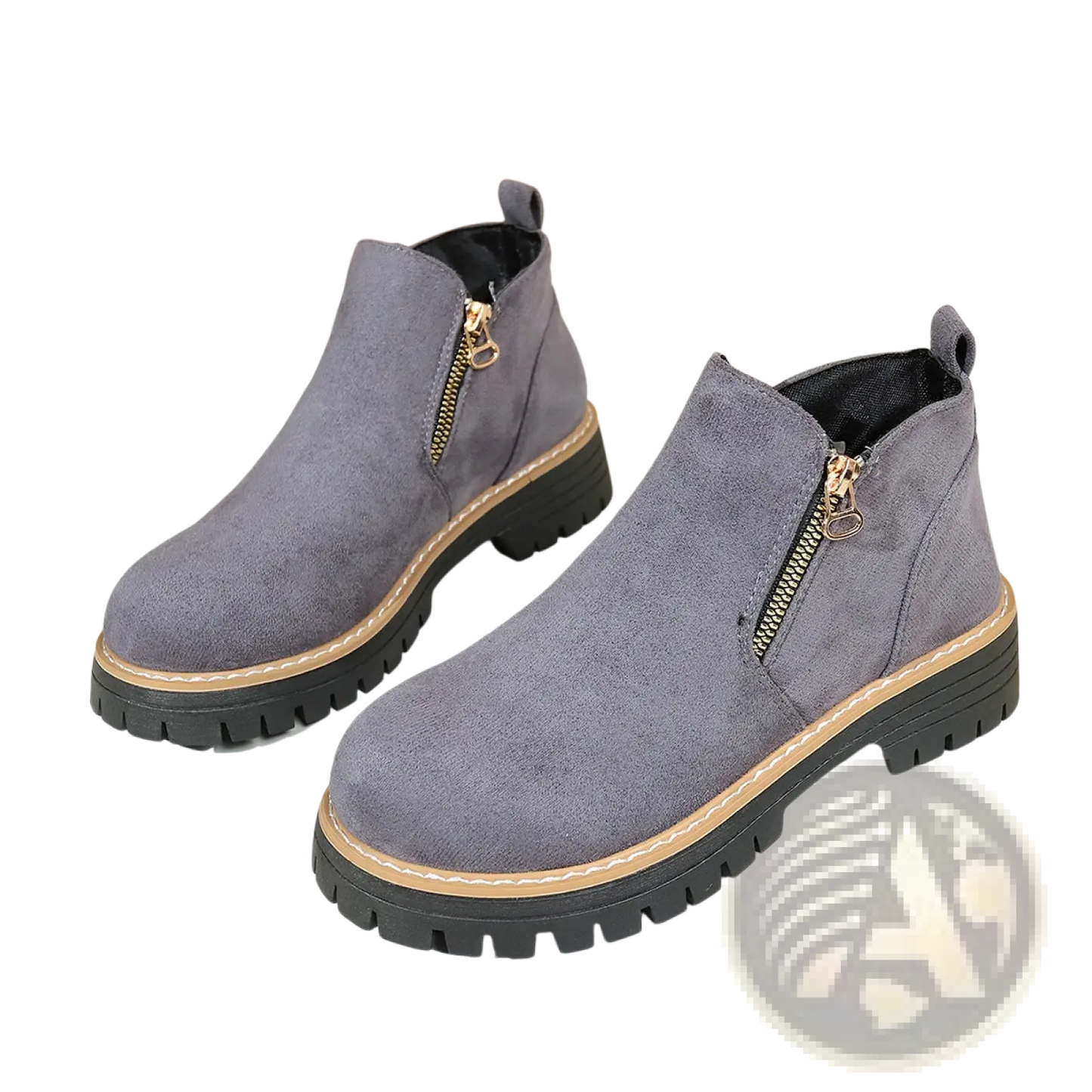 Suede Ankle Boots with Side Zipper and Chunky Sole