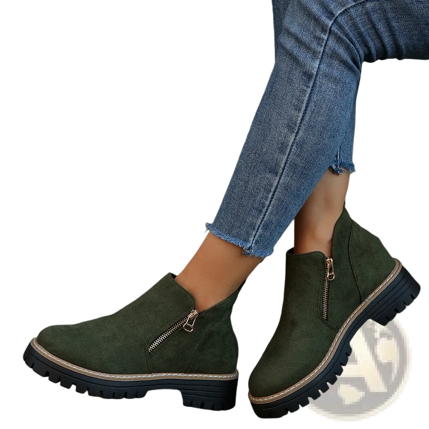 Suede Ankle Boots with Side Zipper and Chunky Sole
