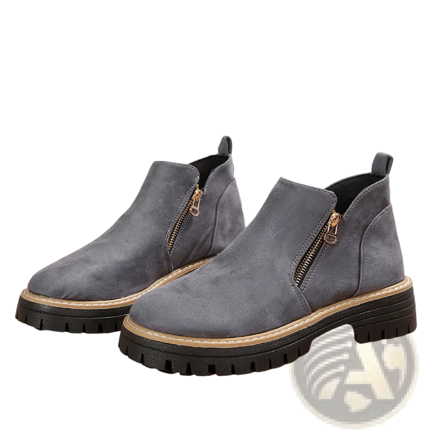 Suede Ankle Boots with Side Zipper and Chunky Sole