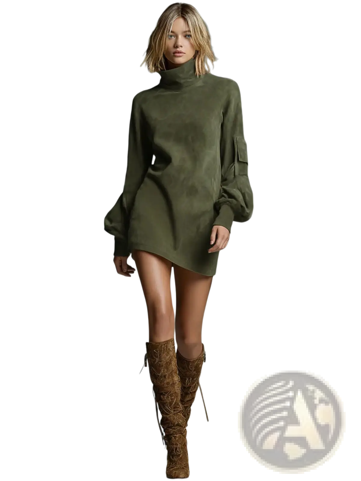 Suede Turtleneck Cargo Mini Dress with Long Sleeves