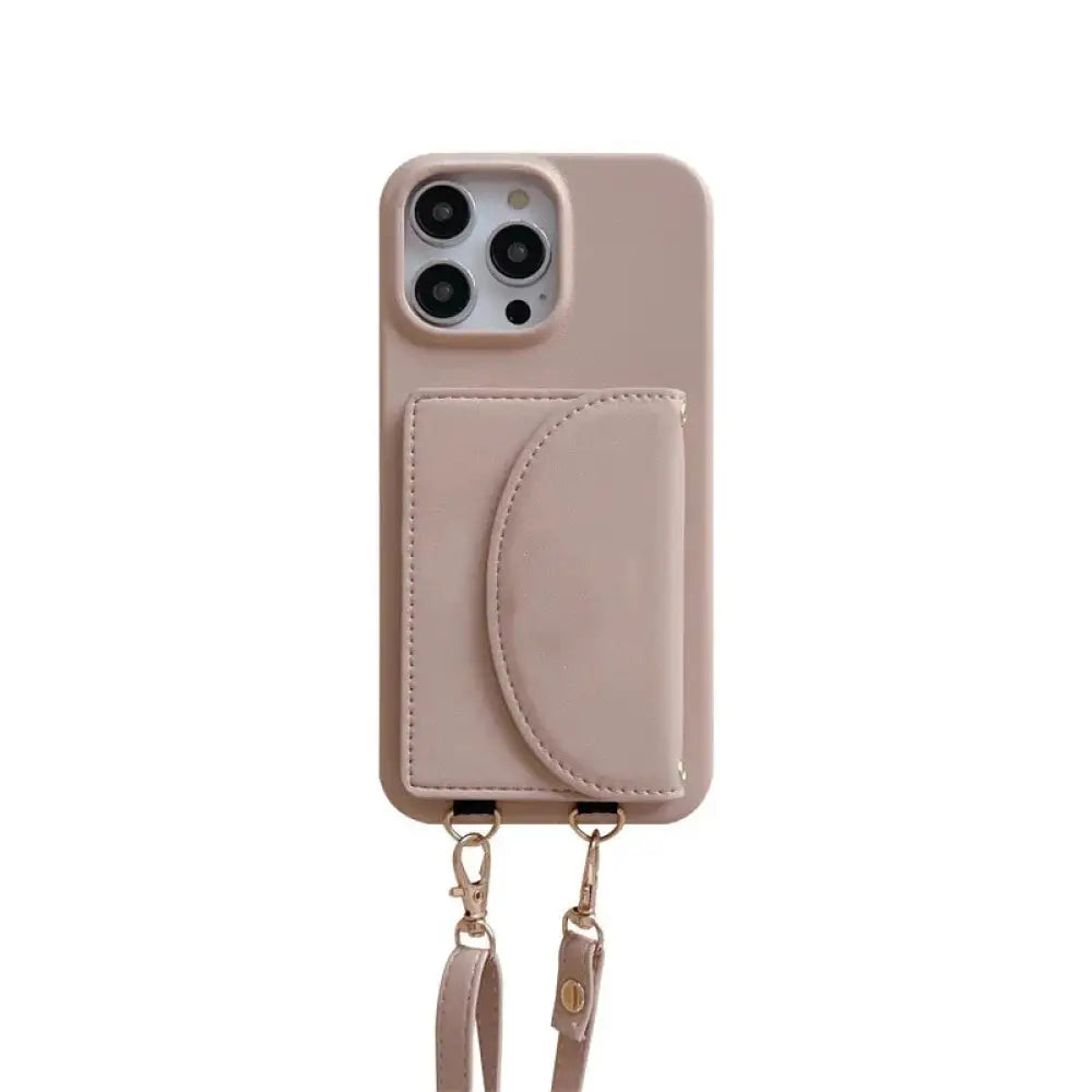 Litchi Leather Card Holder Phone Case with Lanyard