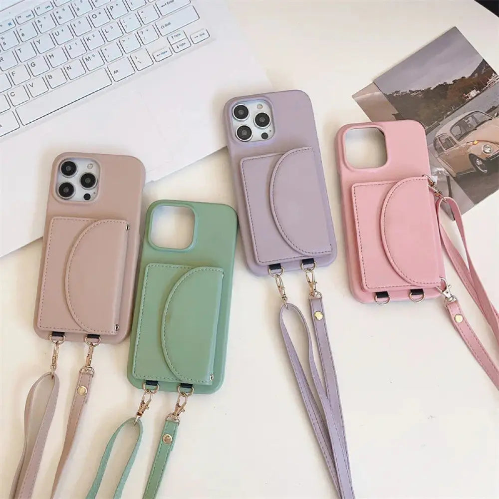 Litchi Leather Card Holder Phone Case with Lanyard