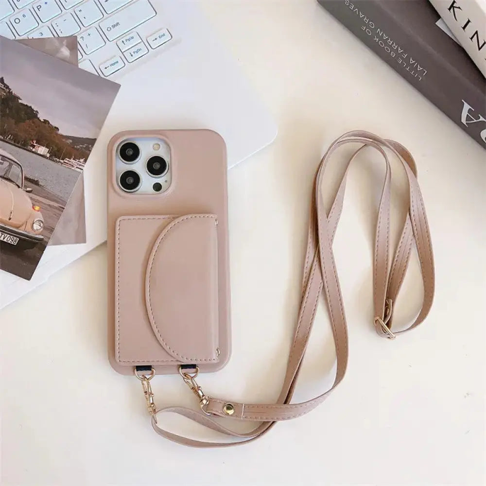 Litchi Leather Card Holder Phone Case with Lanyard