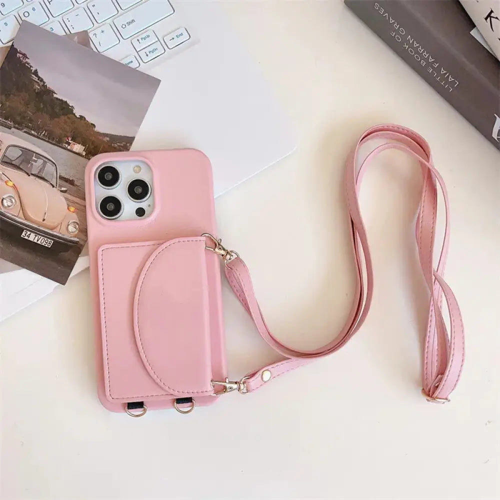 Litchi Leather Card Holder Phone Case with Lanyard