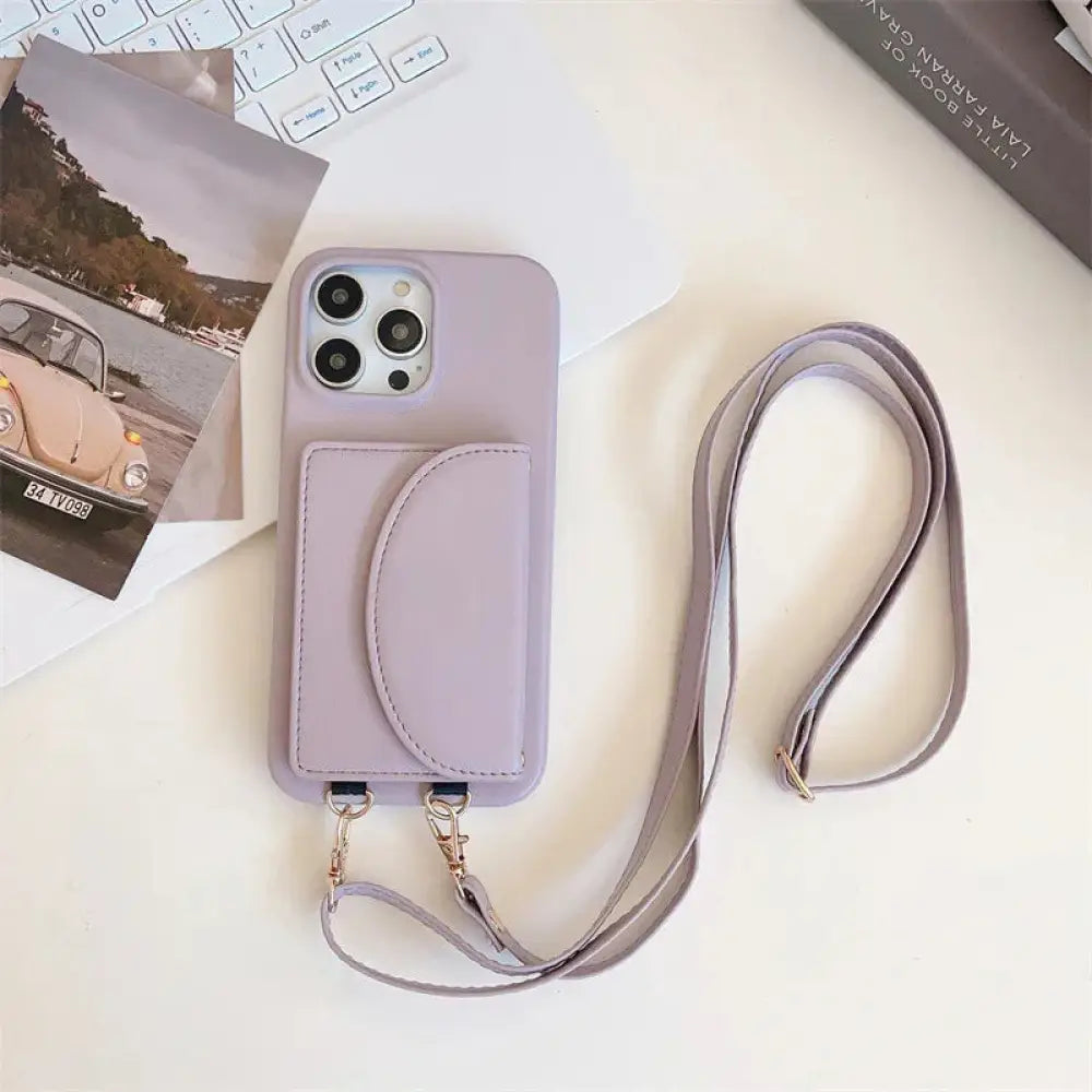 Litchi Leather Card Holder Phone Case with Lanyard