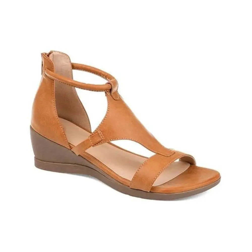 Women's Leather and Suede T-strap Summer Wedge Sandals