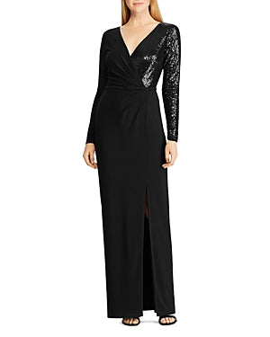 Lauren Ralph Lauren Women's Black Sequined Long Sleeve Surplice Neckline Full-Length Evening Dress Size 12
