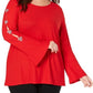 INC International Concepts Women's Embellished Sleeve Top -Red Size Petite S