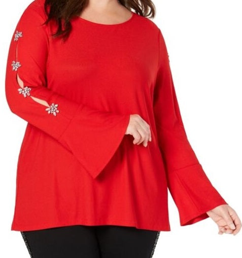 INC International Concepts Women's Embellished Sleeve Top -Red Size Petite S