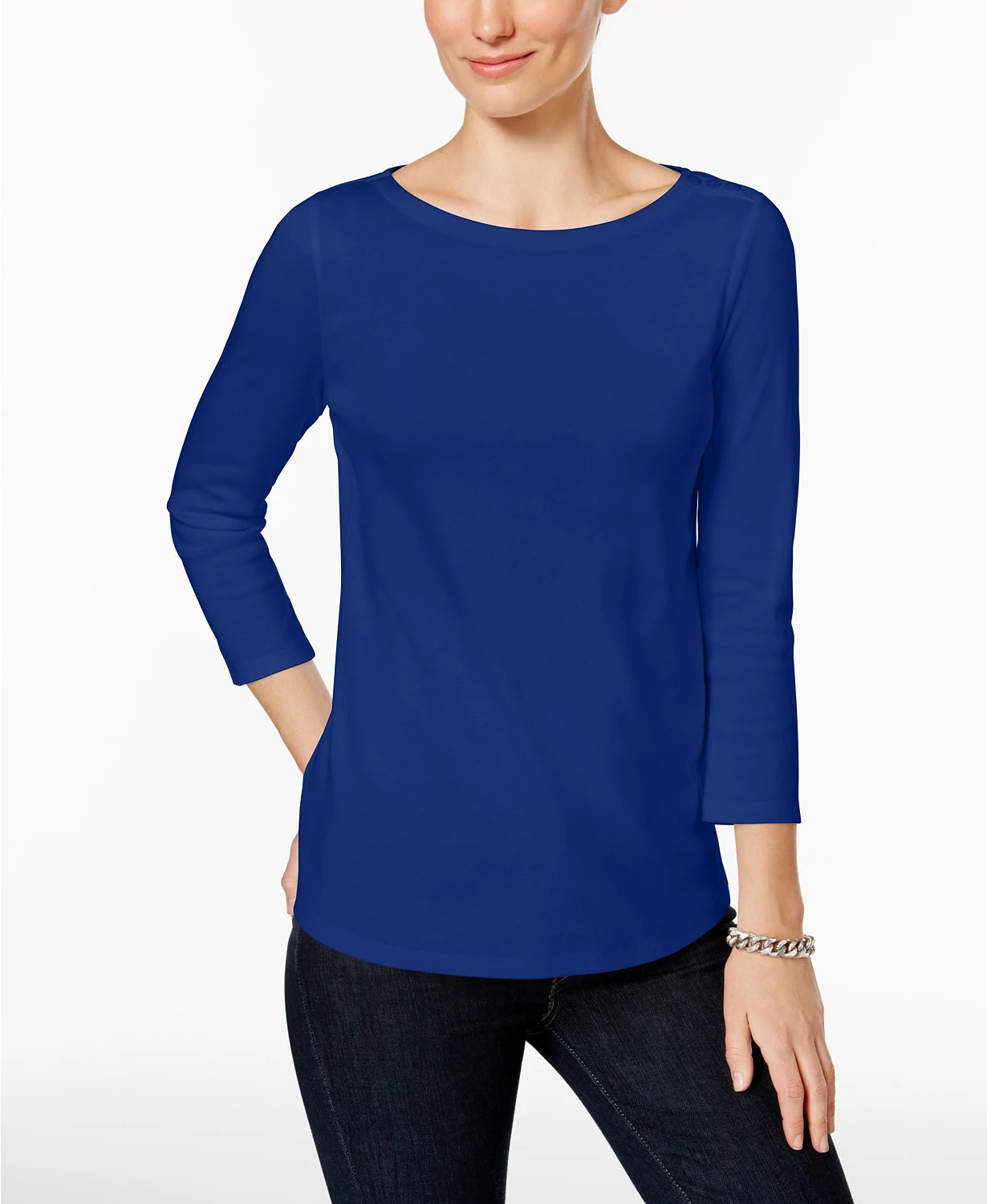 Charter Club Women's Pima Cotton Button Shoulder Top Blue Size Petite Small