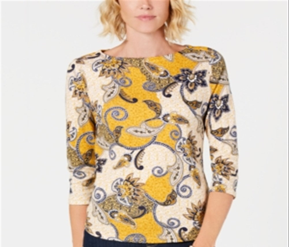 Charter Club Women's Pima Cotton Button Shoulder Print Top Yellow Size Petiter S/M