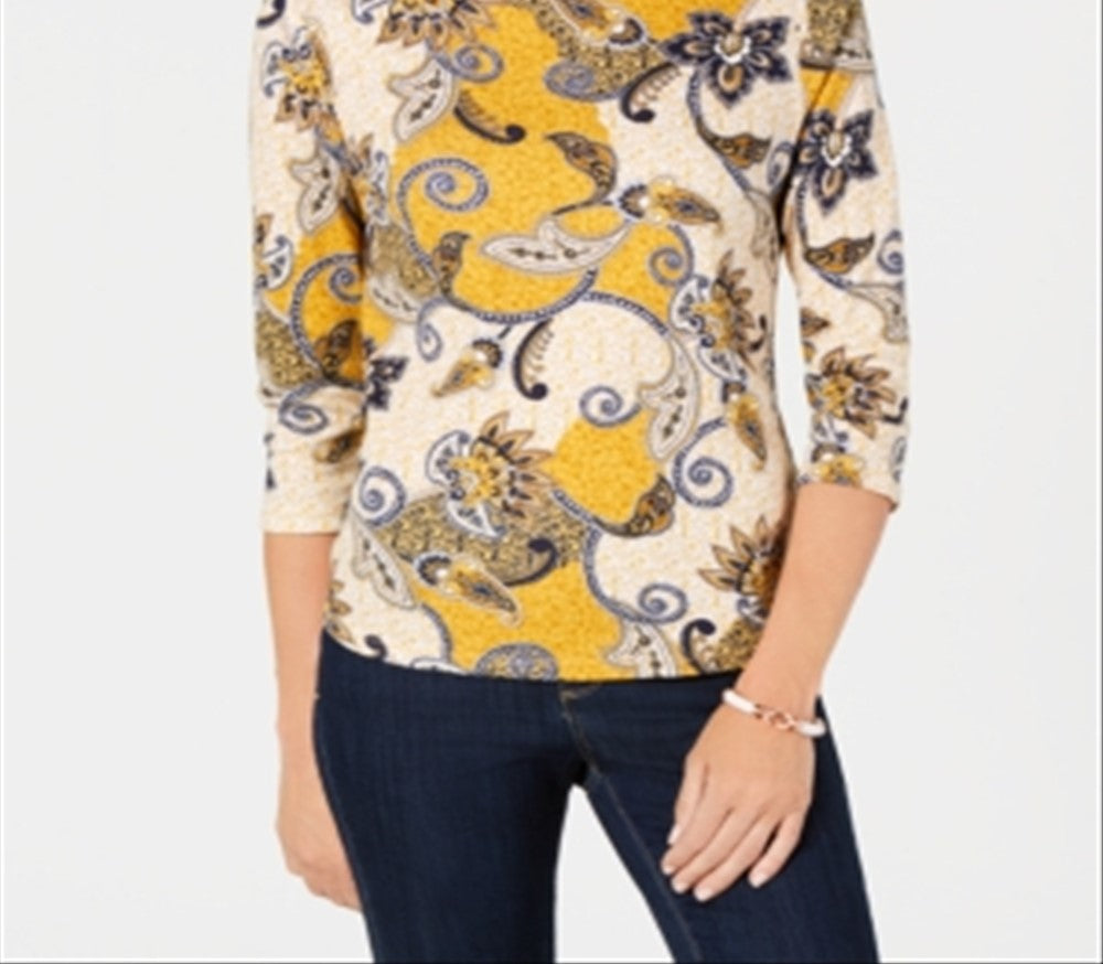 Charter Club Women's Pima Cotton Button Shoulder Print Top Yellow Size Petiter S/M