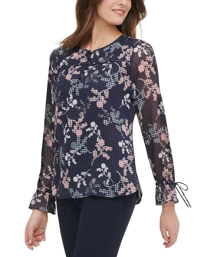 Tommy Hilfiger Women's Button-Up Tie-Cuff Floral Print Blouse Charcoal Size Small