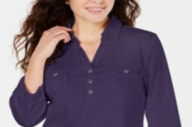Karen Scott Women's Cotton Johnny Collar Utility Shirt Purple Size X-Small