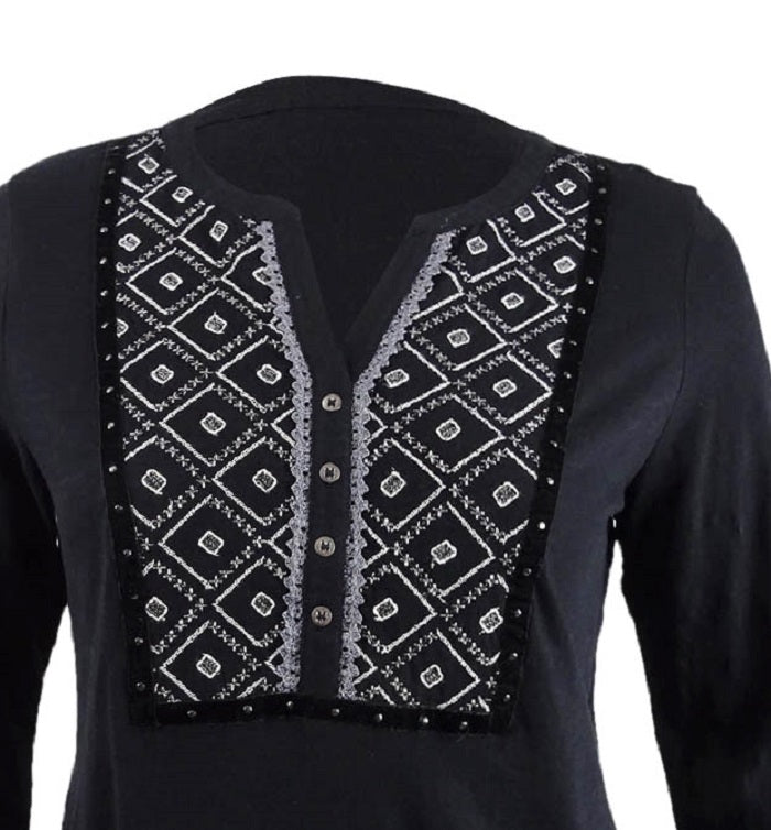Style & Co Women's Printed Roll Tab Sleeve Top Black Size Petite P