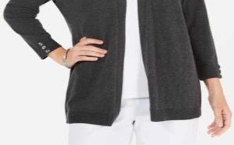Karen Scott Women's Open Front Button Cuffed Cardigan Gray Size Medium