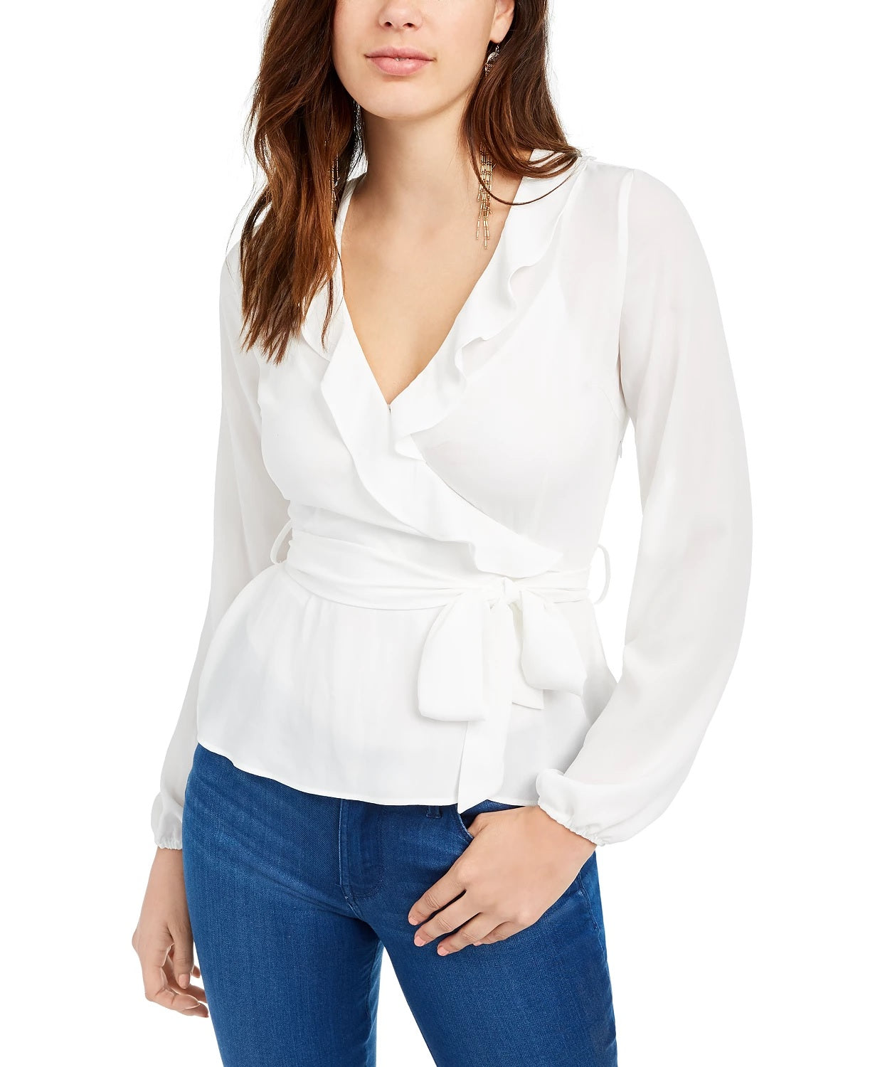Q & A Women's Ruffle Faux-Wrap Blouse White Size X-Large